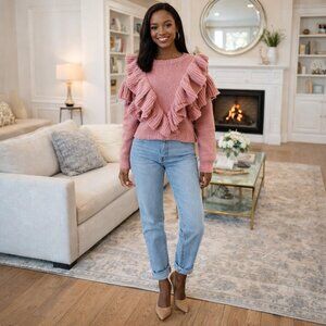 Pink Ruffle Crop Knit Sweater Women’s Size XL Cottagecore